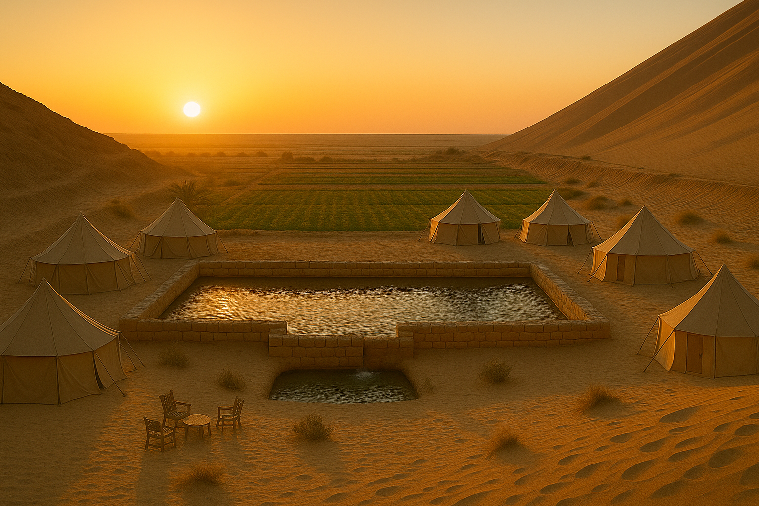 Luxury desert camp in Siwa Oasis at sunset with dunes and natural pool