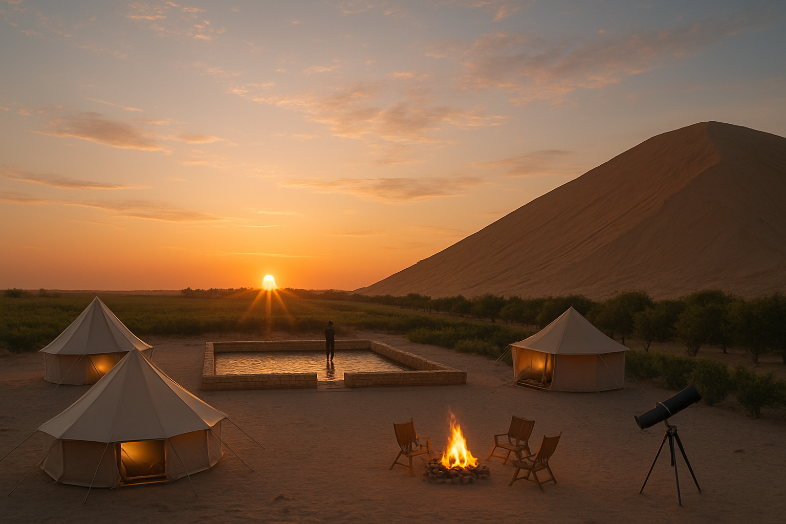 Desert campfire experience at Siwa Oasis camp with tents and telescope